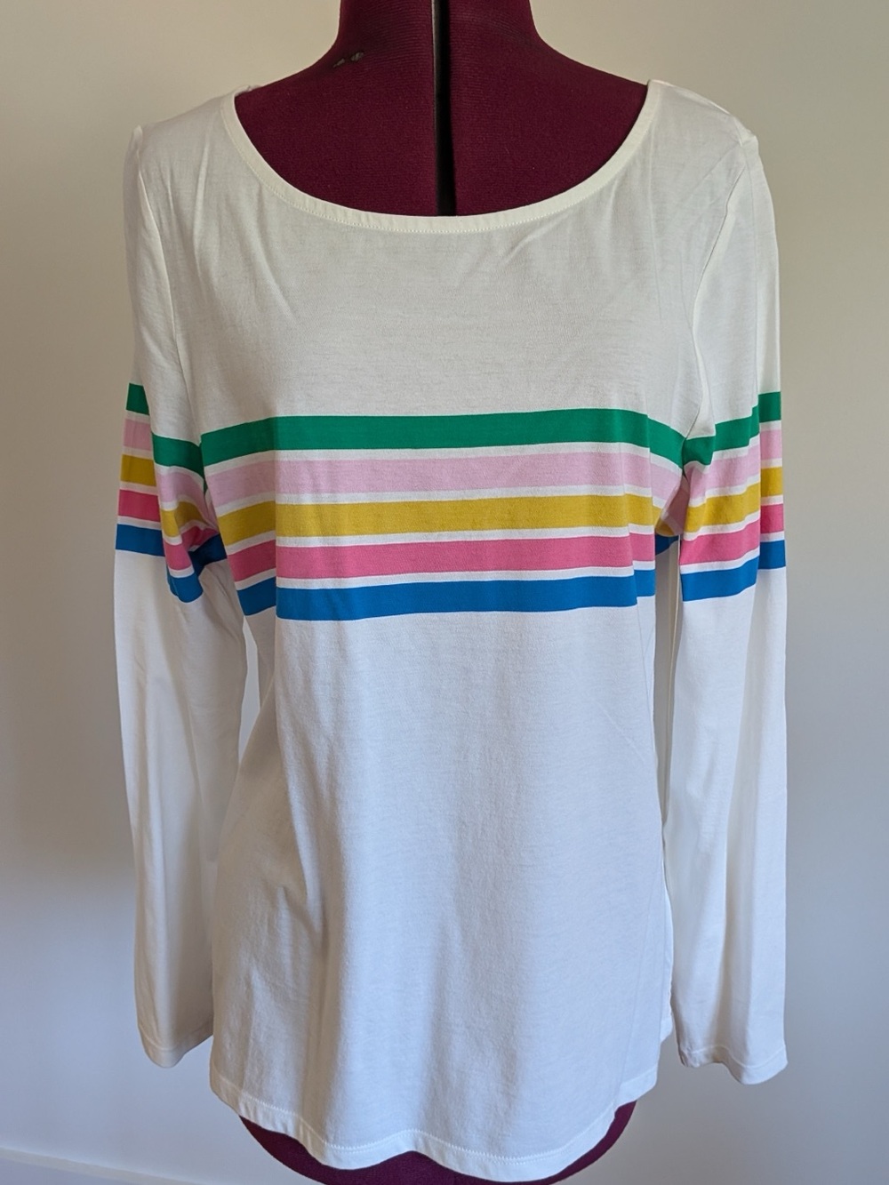 Boden White Long-Sleeve Tee with Green, Pink, Yellow & Blue Stripes